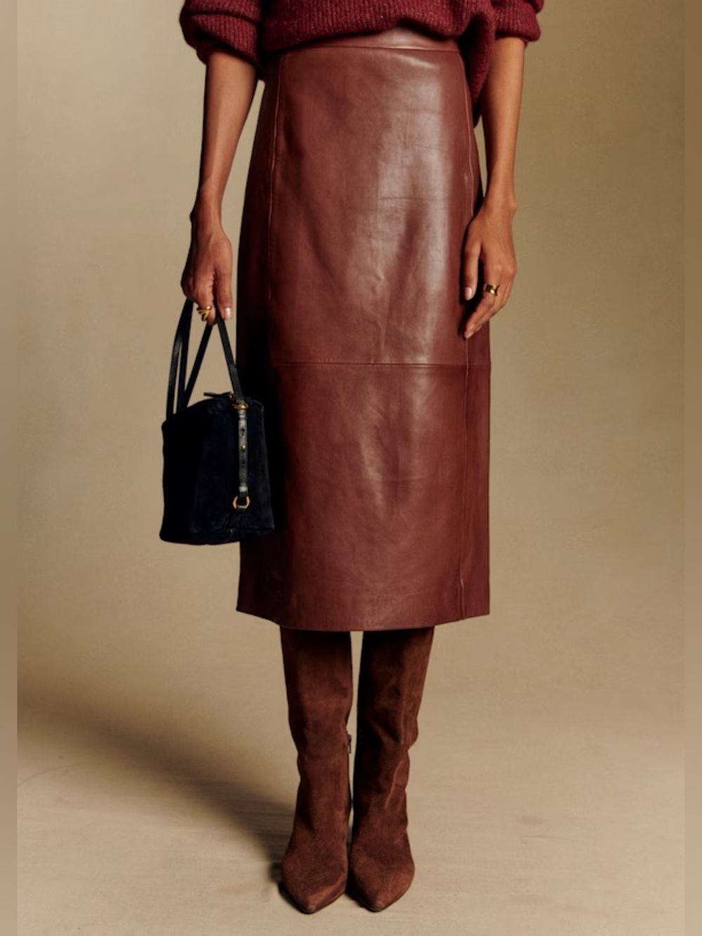 Sézane Leather Magalia Glossy Lamb Leather Midi Skirt